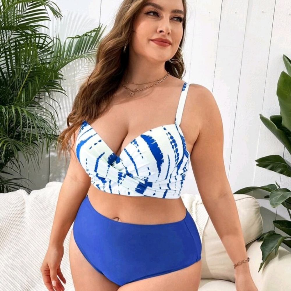 16(2XL) Womens Plus Tie Dye Push Up Bikini Set With Kimono Blue and White / - Picture 3 of 3